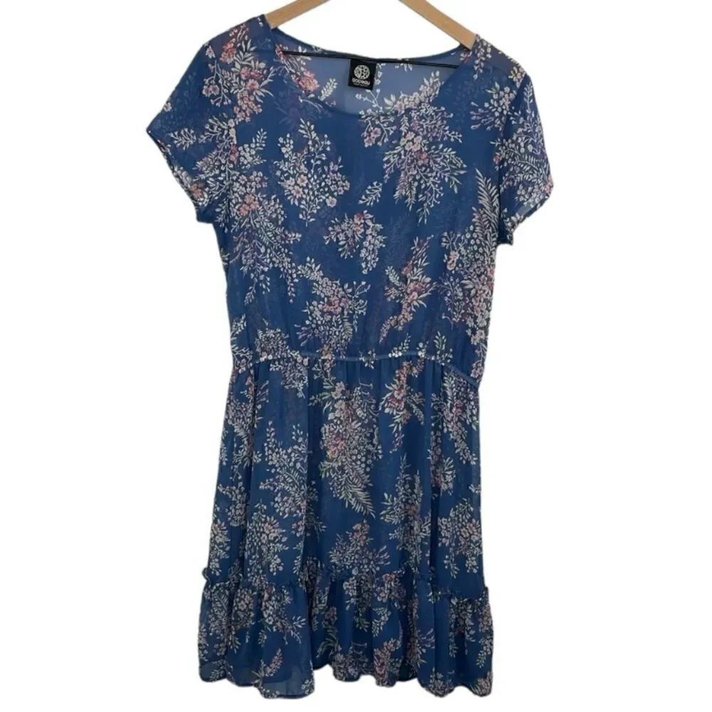 Bobeau Floral print short sleeves Sheer Ruffle hem dress large